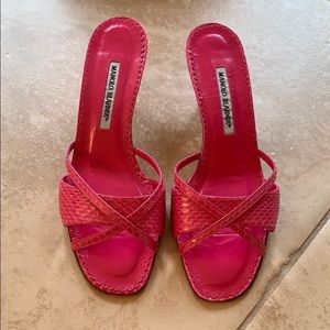 Manolo Blahnik square toe snakeskin sandal